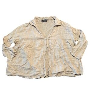 SAGA Made in Italy 100% Linen Babydoll Top Beige Oversized Button Front Shirt